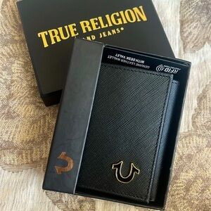 Brand New True Religion Genuine Leather Black/Gold Trifold Pria Wallet RFID